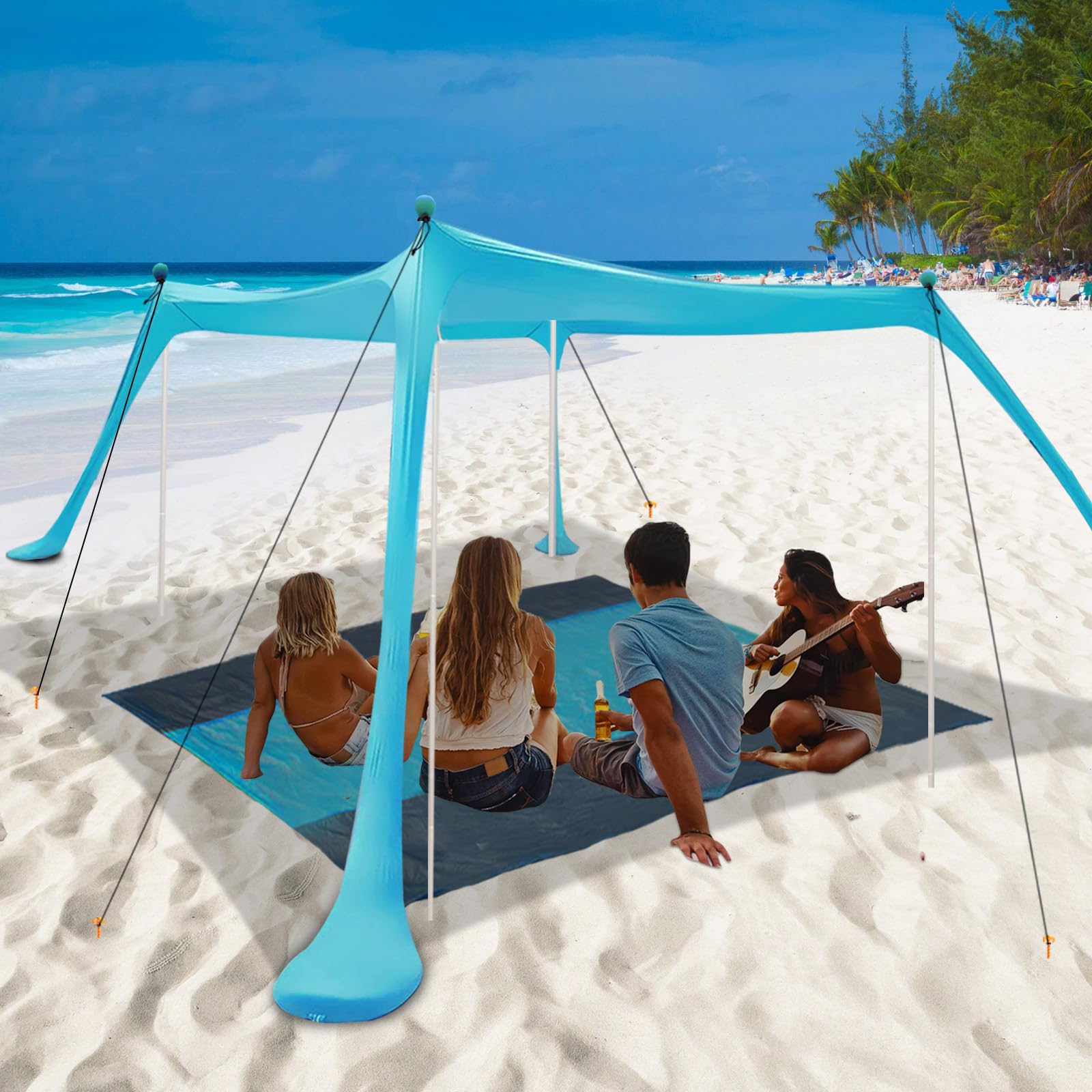 Beach Canopy Beach Tent 11x11 FT UPF50+ Beach Blanket Included Sun Shelter Beach Shade Canopy with 4 Stability Poles Easy to Setup Outdoor Shade for Beach Camping Backyard and Picnics