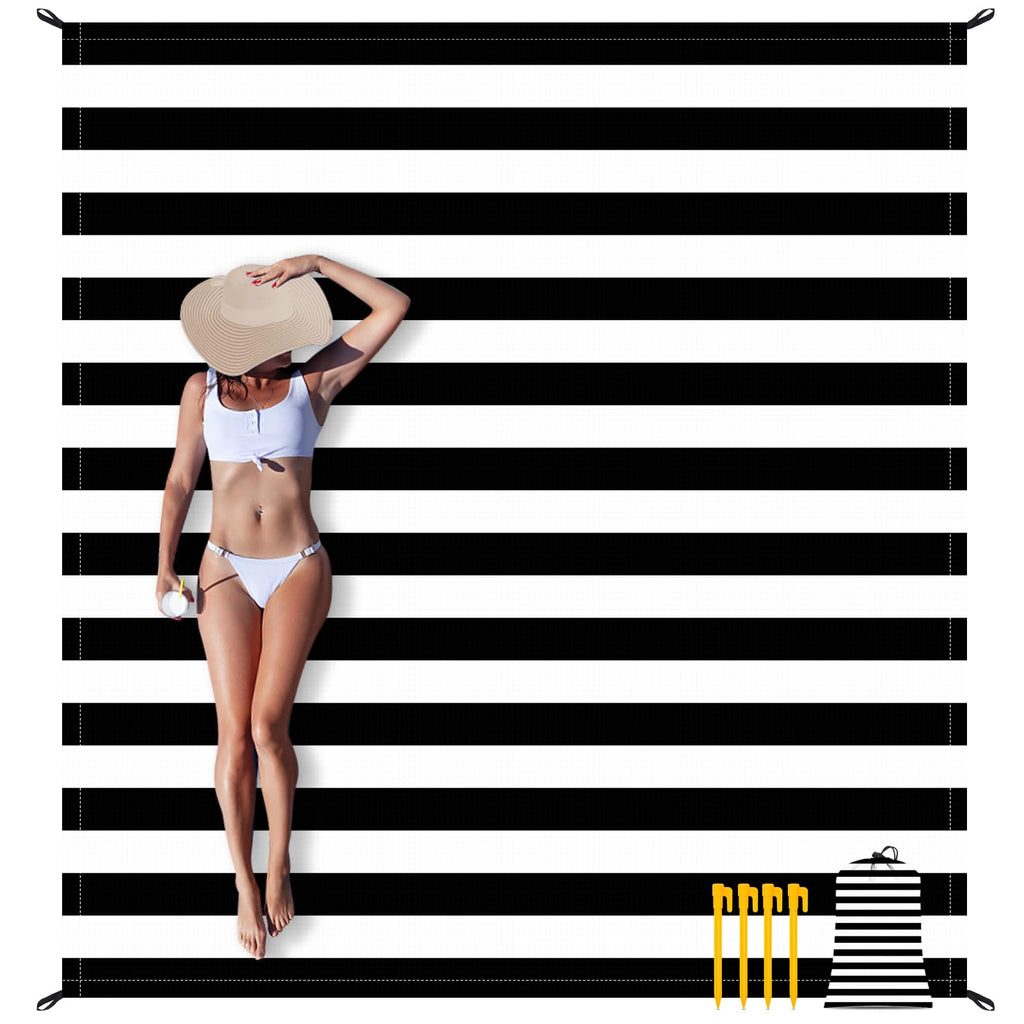 Waterproof Sandproof Beach Blanket 78×86 Large Outdoor Picnic Blanket for 4 Adults Compact Beach Mat Sand Free for Travel Camping Beach Accessories Essentials for Vacation-Black & White Stripe