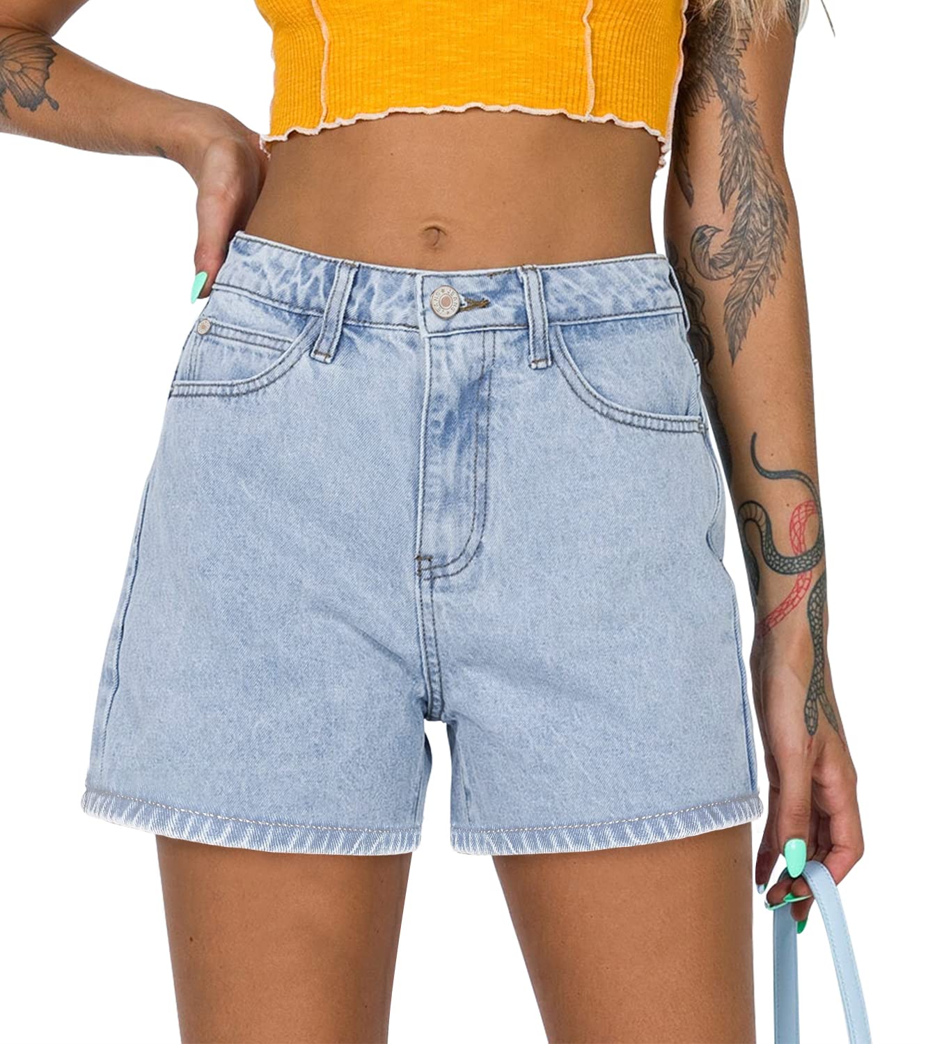 MODARANI Womens High Waisted Denim Shorts Stretchy Jean Shorts Straight Leg Summer Hot Short Light Blue M