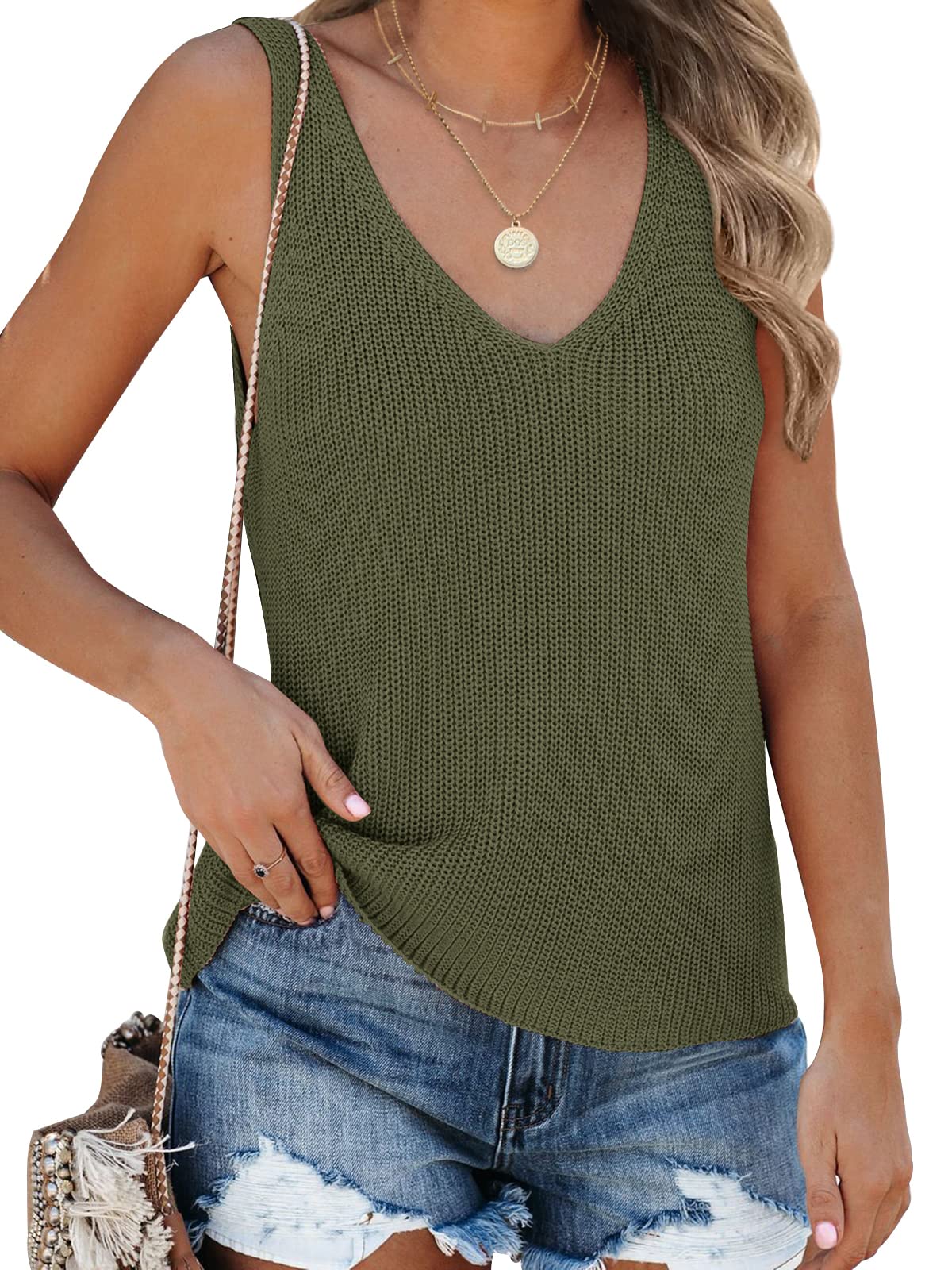 Tutorutor Womens Summer Sleeveless V Neck Sweater Vest Fall Knitted Loose Cami Tank Tops Army Green