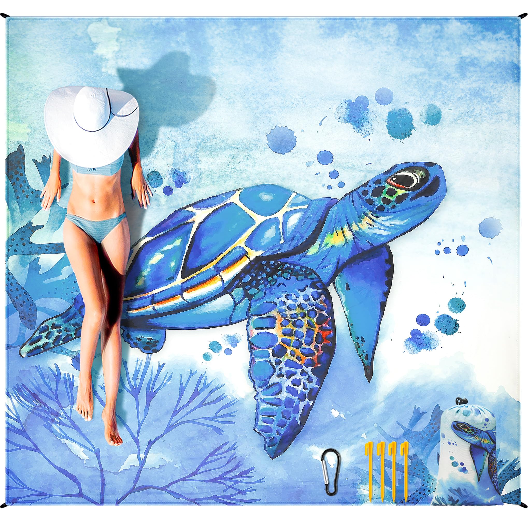HIHOHO Beach Blanket Wateresistant Sandproof Sand Free Beach Mat with Corner Pockets Portable Bag for Beach FestivalPicnicTravel and Outdoor Camping Activties (BL-Seaturtle 79"×83"(4 Person))