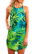 Womens Casual Floral Sun Dress Summer Beach Halter Neck Tropical Dresses (Small Green)