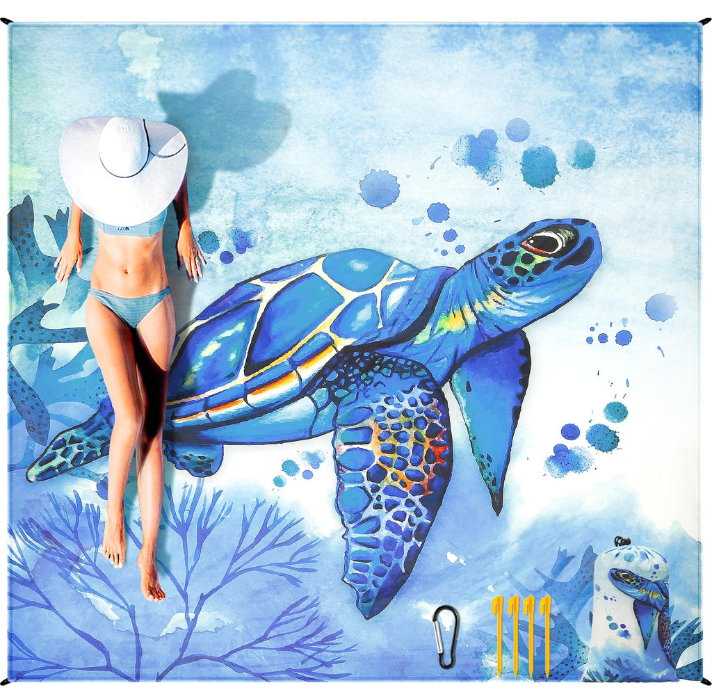 HIHOHO Beach Blanket Wateresistant Sandproof Sand Free Beach Mat with Corner Pockets Portable Bag for Beach FestivalPicnicTravel and Outdoor Camping Activties (BL-Seaturtle 79"×83"(4 Person))