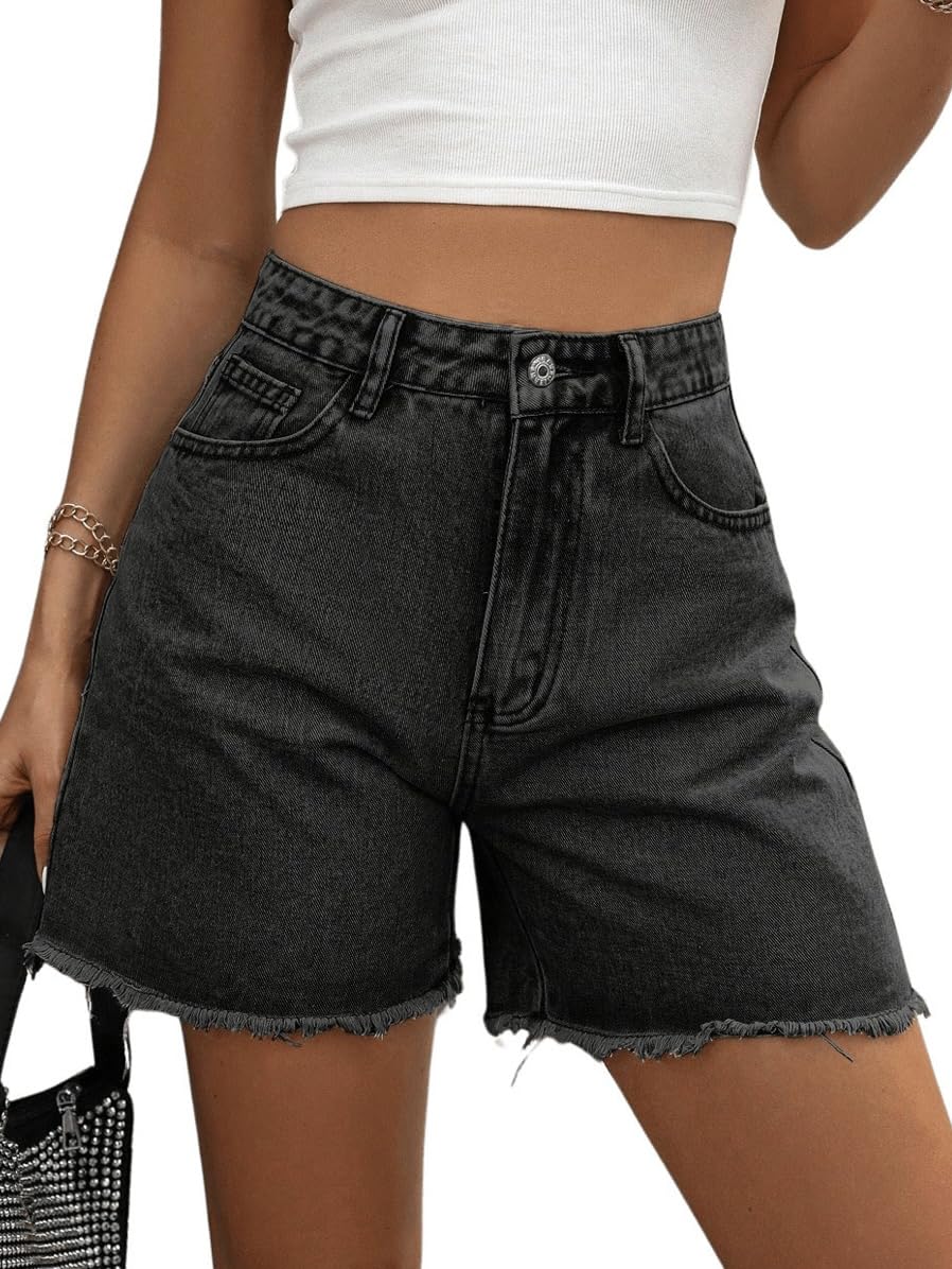 MakeMeChic Womens High Waist Jean Shorts Casual Raw Hem Straight Leg Summer Denim Shorts Black X-Small