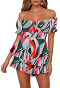 Fixmatti Womens Summer Floral Print Romper Beach Off Shoulder Ruffle Belted Short Jumpsuit L