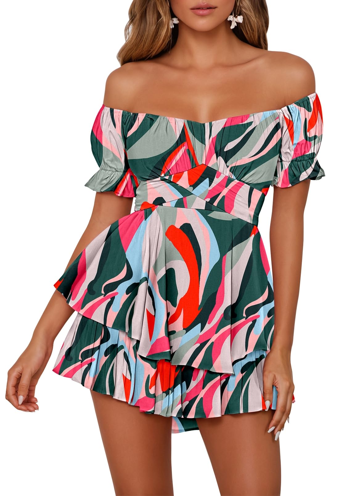 Fixmatti Womens Summer Floral Print Romper Beach Off Shoulder Ruffle Belted Short Jumpsuit L