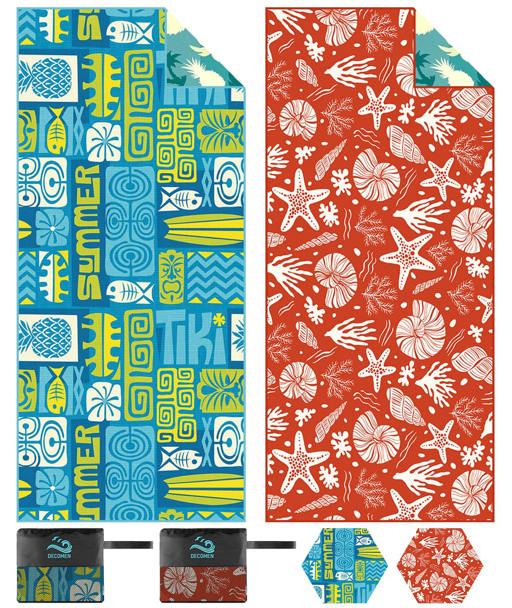 DECOMEN Beach Towel Microfiber Beach Towels Oversized Lightweight Quick Dry (73" x 32") Sand Proof Absorbent Compact Beach Blanket for SwimmingSportsGym-Blue Totem&Red SeaSnail