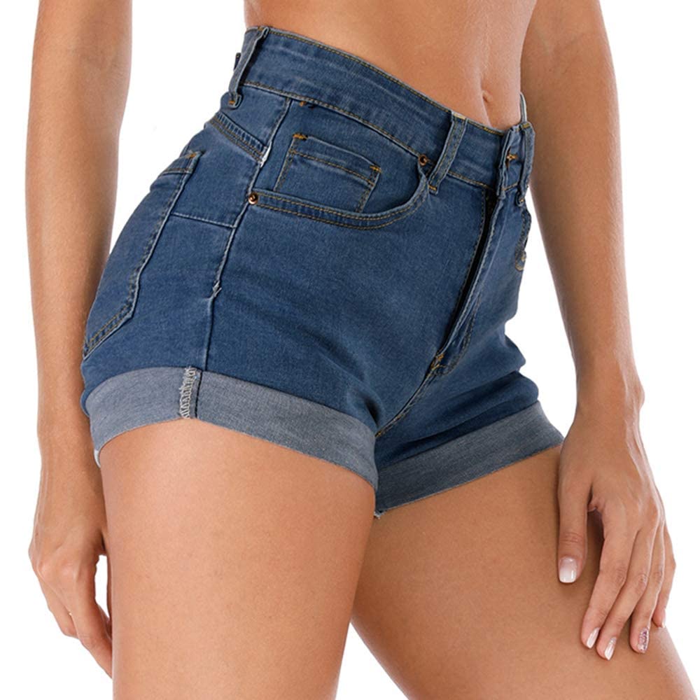 Cuihur Womens Summer High Waisted Denim Shorts Folded Hem Casual Short Jeans Navyblue 12