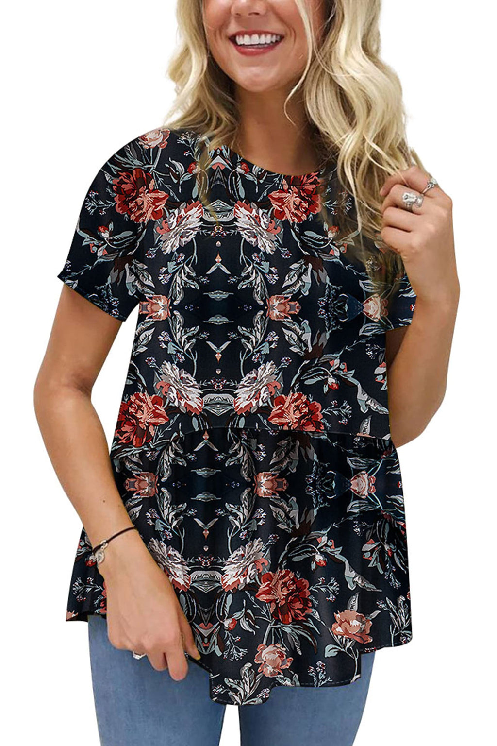 Hibluco Womens Summer Tops Short Sleeve Round Neck Floral Print Shirt Tunic Blouse