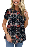 Hibluco Womens Summer Tops Short Sleeve Round Neck Floral Print Shirt Tunic Blouse