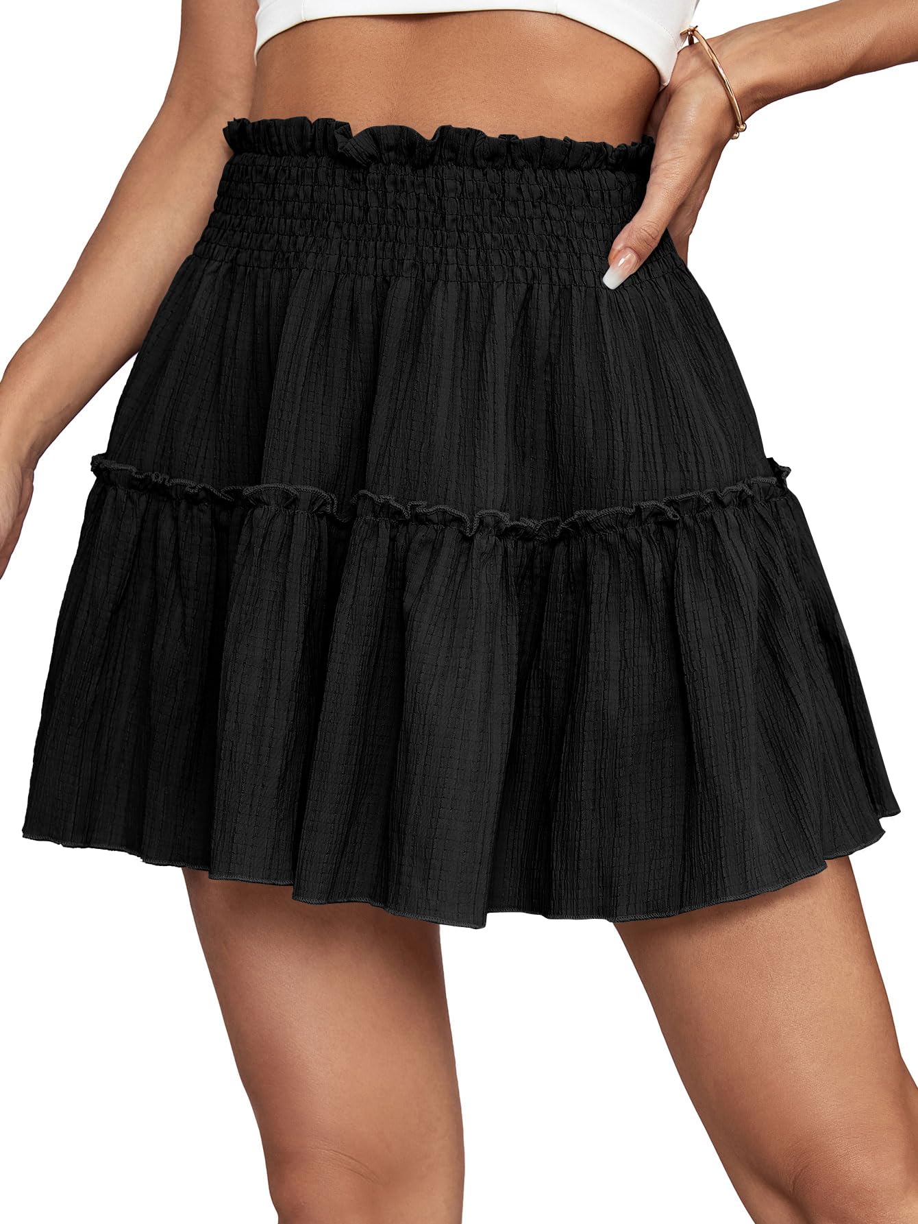 OPOIPIN Womens Summer Cute High Waist Ruffle Skirt Swing Beach Mini Skirt Black Large