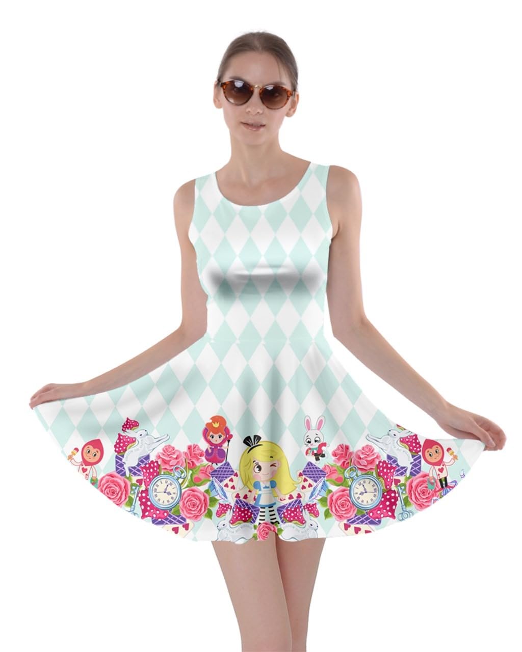 Womens Summer Dress Alice Wonderland Rabbit Harlequin Print Skater Dress - S