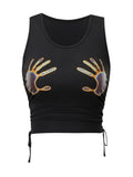 SHENHE Womens Summer Ruched Sleeveless Hands Print Crewneck Drawstring Tank Crop Tops Black XL