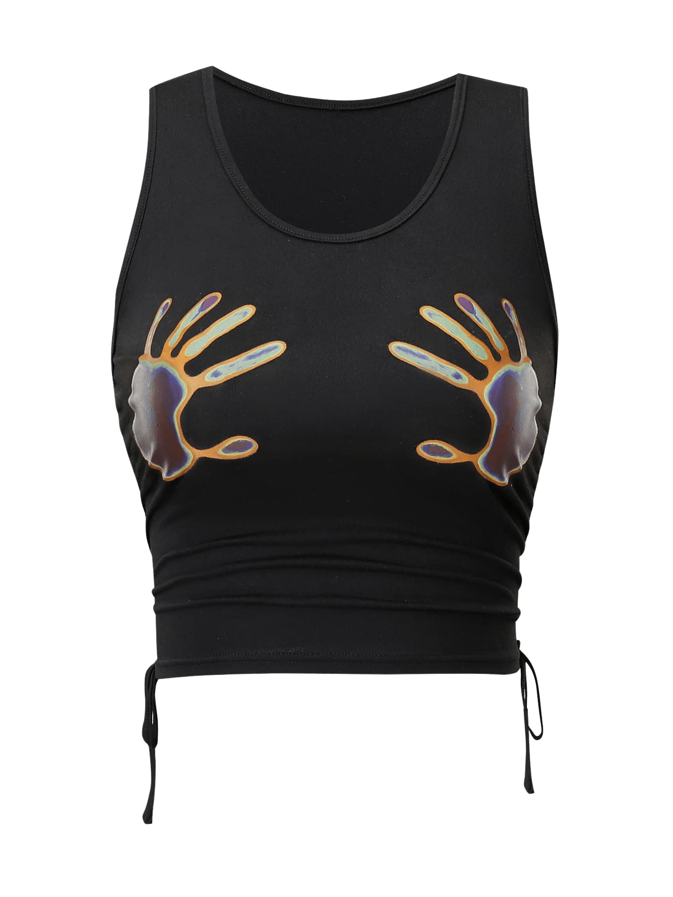 SHENHE Womens Summer Ruched Sleeveless Hands Print Crewneck Drawstring Tank Crop Tops Black XL