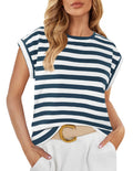 ZESICA Womens Summer Cap Sleeve Crewneck Crop Tops Casual Loose Striped T-Shirts Basic TeesDustyblueMedium