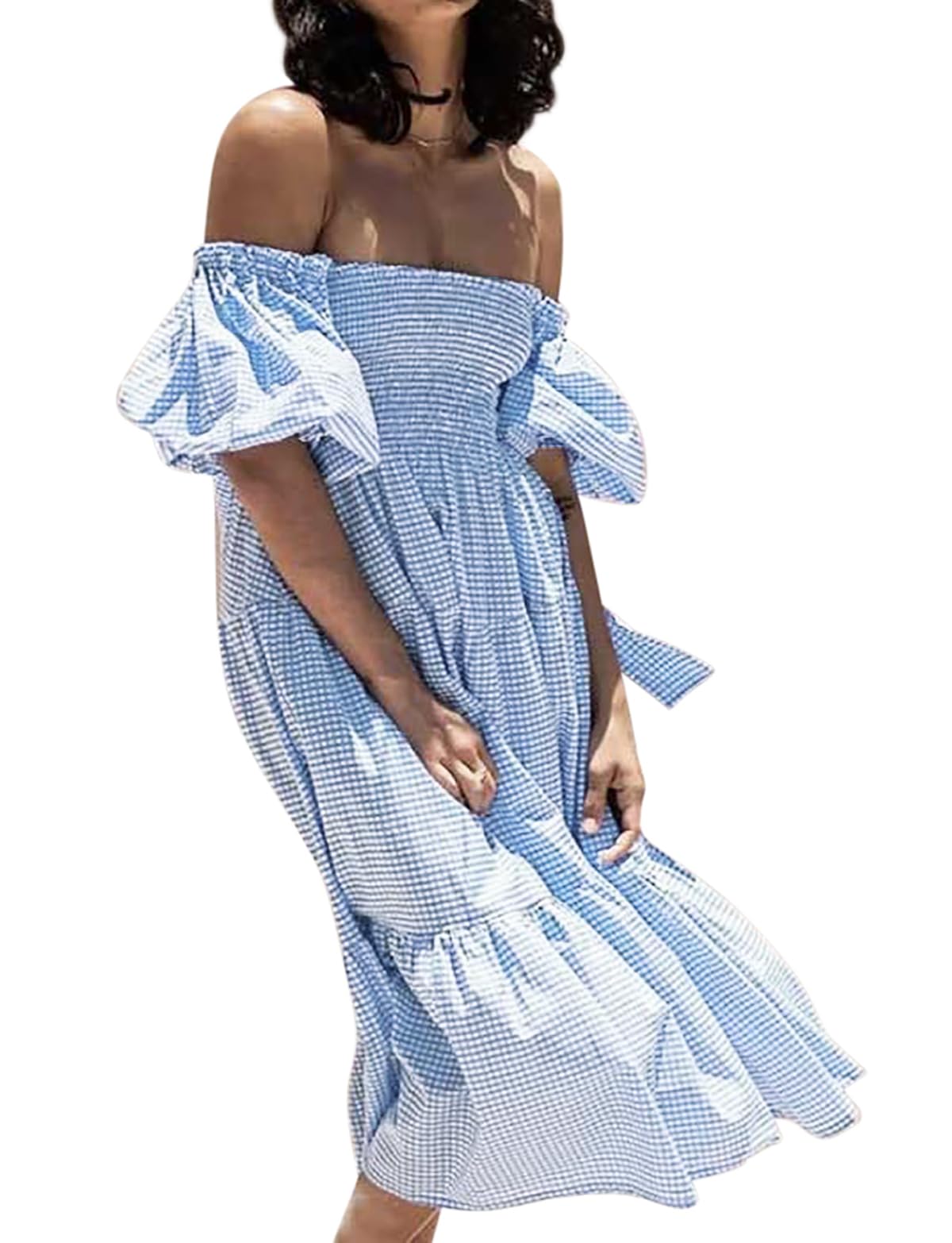 R.Vivimos Womens Summer Cotton Plaid Puff Sleeves Bow Casual Off-Shoulder Boho Midi Dress (MediumBlue)