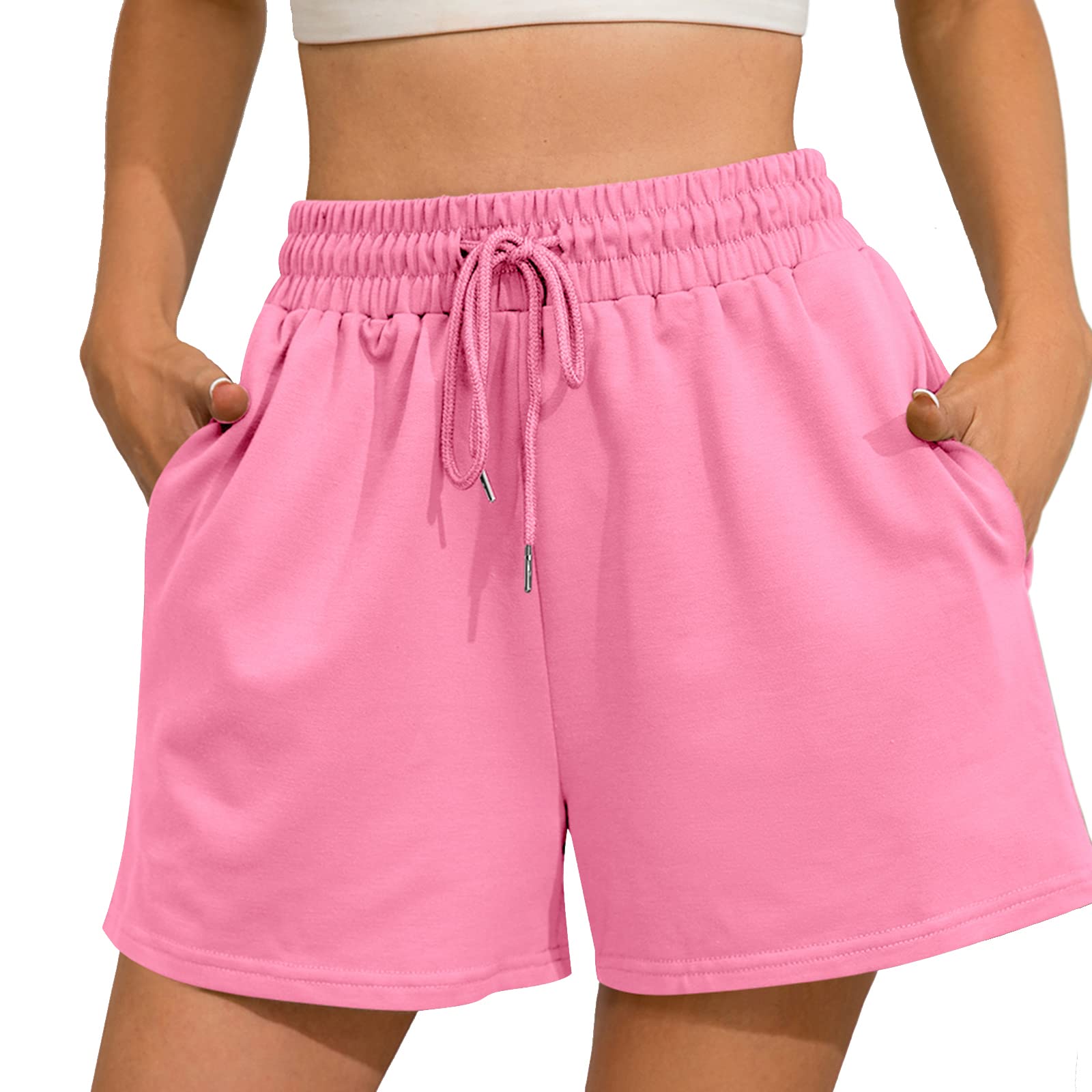 Hozoely Womens Sweat Shorts Casual Summer Comfy Lounge High Waisted Cotton Shorts with Pockets Pink