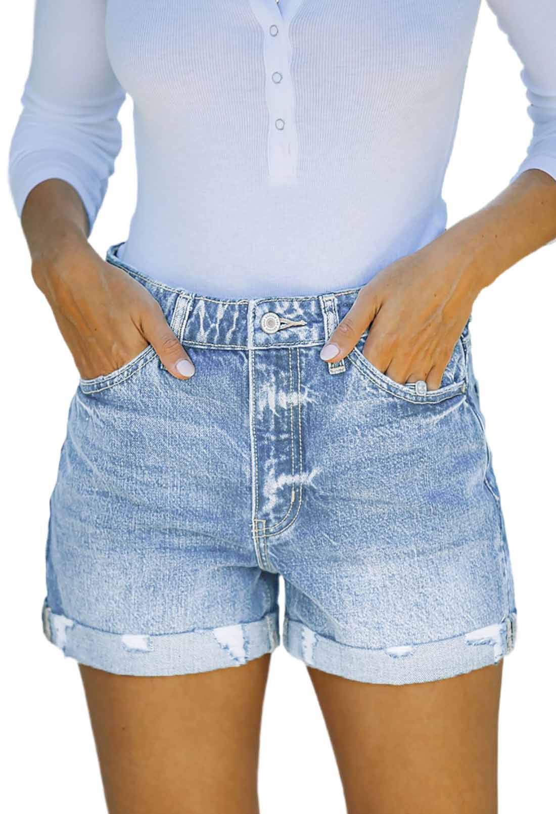 HAPCOPE Womens Denim Shorts High Rise Cuffed Rolled Hem Ripped Stretch Summer Jean Shorts Khaki L