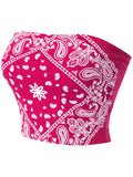 MixMatchy Womens Summer Causal Strapless Sleeveless Print Bandeau Tube Crop Top Fuchsia M