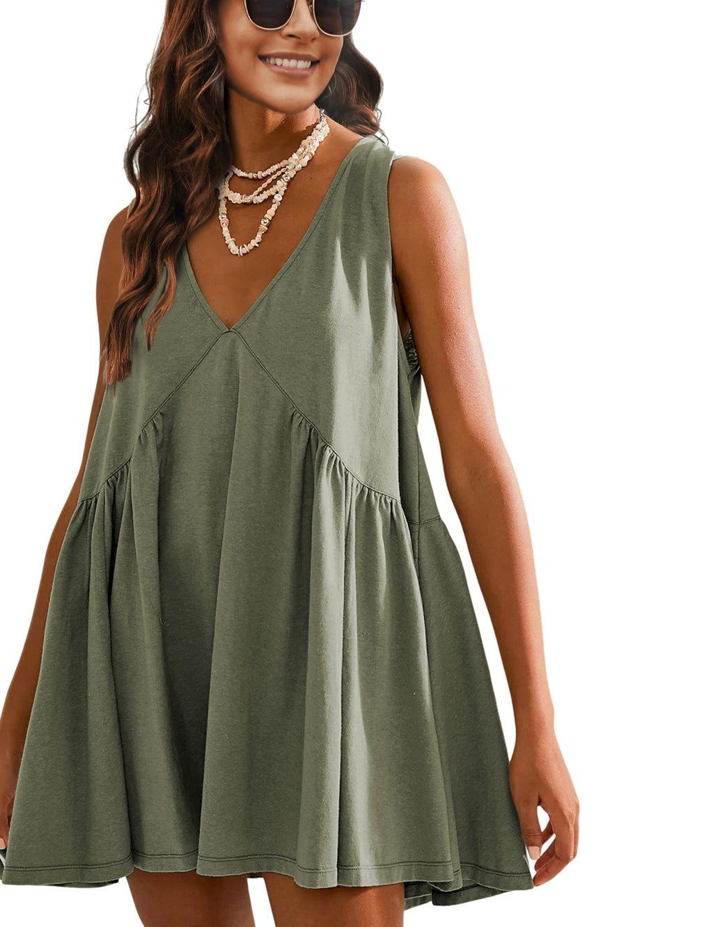 Athlisan Womens Summer Sleeveless Mini Dress Casual Loose V Neck Sundress with Pockets(GreyGreen-Large)