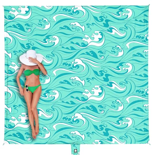 WEKAPO Beach Blanket Waterproof Sandproof Oversized Extra Large Sand Free Beach Mat with Stakes Storage Bag - Essentials for Outdoor Beach Picnic (Turquoise Ocean Waves 11 X 9 FT (1~10 Person))
