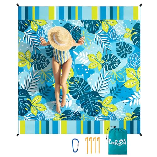 WERNNSAI Beach Blanket Waterproof Sandproof - Extra Large Beach Mat 79" x 83" Sand Free with 4 Stakes Pockets Quick Dry Lightweight Blue Plant Pattern Picnic Mat for Beach Party Camping